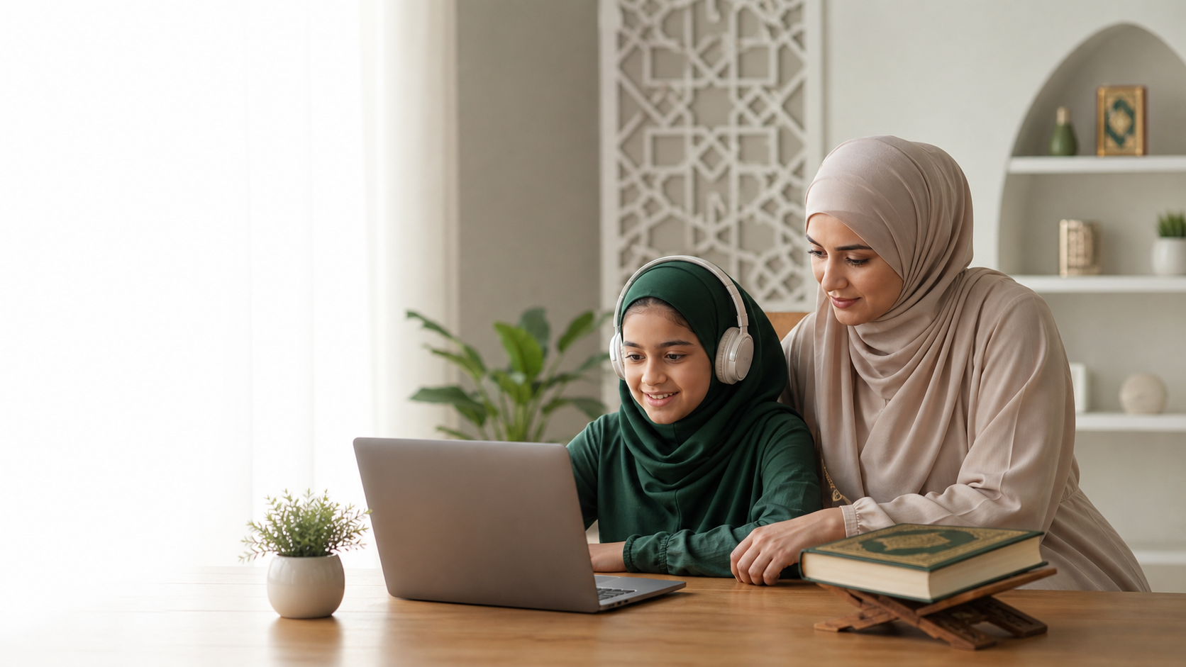 A mother supporting her daughter during an online lesson